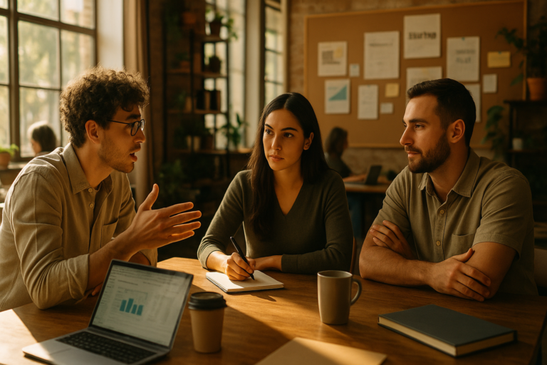 Fundadores discutiendo vesting en una reunión de startup